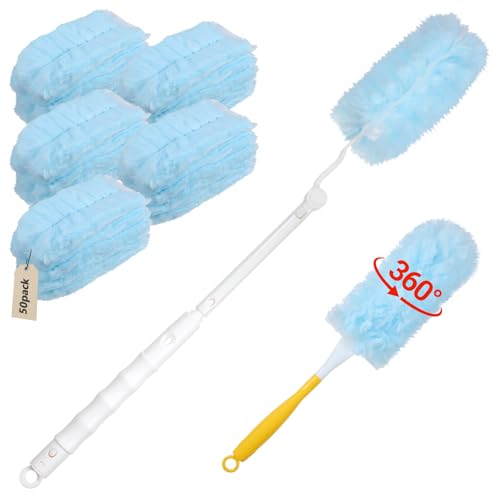 Image of 50 Pcs Duster Refills, 360 Dust Removal Brush Disposable Replacement Head with 1 Short & 1 Extendable Handle, Polyester Fiber for Electronics, Furniture, Blinds, Ceiling Fans, Walls