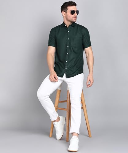 Image of MILDIN Men's Cotton Blend Solid Shirt with Spread Collared Half Sleeve Curved Hemline Button Closure Regular Fit and One Pocket | Half Sleeve Shirt for Men