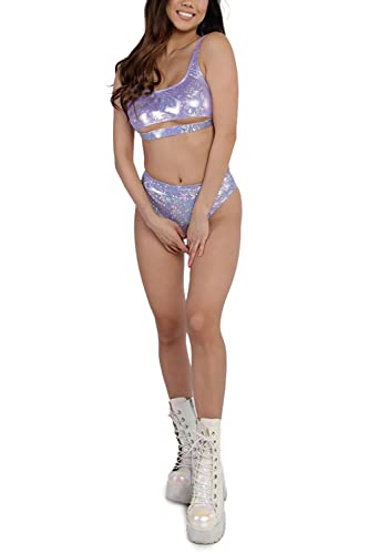 Glitter Rave Outfits For Women - Festival Sexy Scoop Neck Underboob Cutout Crop Top High Waist Bottom Bikini Set (Purple,Xs,1302A) #TOP1