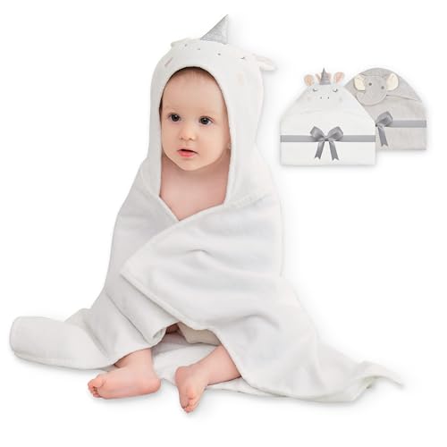 Image of Viviland 2 Pack Hooded Baby Towels, Soft 100% Cotton Baby Bath Towels with Hood, Extra Thick and Absorbent, Essential for Newborns, Kids, Infants - Girls and Boys (Unicorn & Grey Elephant)