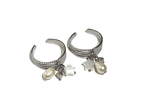 2 bagues duo réglable acier inoxydable perles breloques argenté blanc