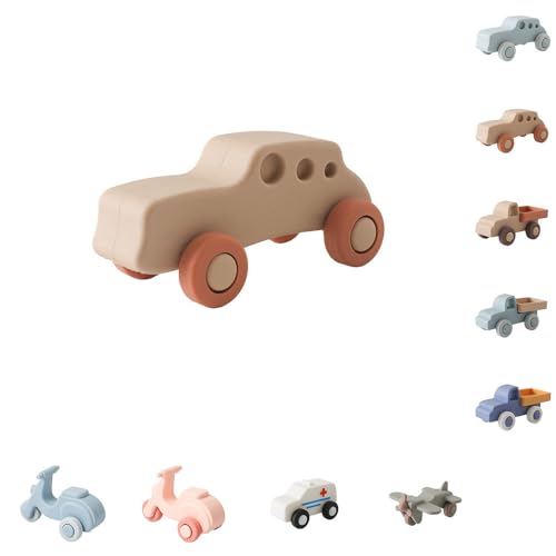 LIVIAミニカー 飛行機 おもちゃ 乗り物 おもちゃ シリコン 知育玩具 柔らかい 赤ちゃん 0-1歳 2歳 3歳 新生児 プレゼント ギフト (ベージュの車)