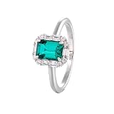 Homxi Anillos Mujer Oro Blanco 14 Kilates Eternidad, 4 Garras Rectángulo con Esmeralda de 1 ct y Moissanita, Anillo Matrimonio Mujer Plata Verde, Talla 17(57mm)