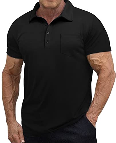 Tinkwell Polo Shirt Short Sleeve With Pocket Work Office Polos Basic Tee Shirts Solid Color Polyester Polo Tshirt Quick Dry Casual Golf Tennis Moisture Wicking Button Down Shirt For Men Black #TOP5