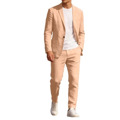 Mens Elegant Linen Suit Set 2PCS Business Casual Blazer Straight