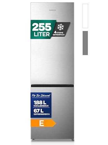 Heinrich´s Kühlgefrierkombination 255Liter, Kühlvolumen 188L, Gefrierfach 67L,LED Innenraumbeleuchtung, Kühlschrank Türanschlag wechselbar, leise 40dB,NO FROST, 6 Temperaturstufen,inox