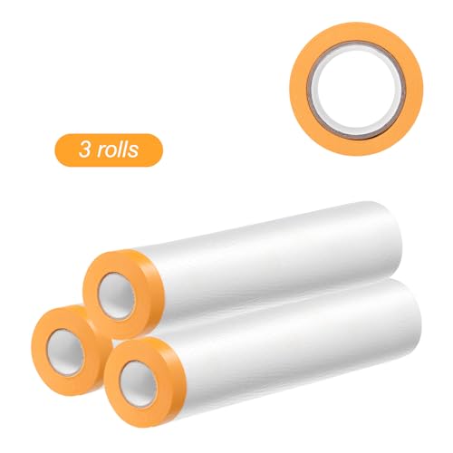 Image of HARFINGTON 3 Rolls Pre-Taped Masking Film 78.7 inch x65.6ft Tape and Drape Painters Plastic Drop Cloth Film with Tape Plastic Sheeting for Automotive Painting Covering