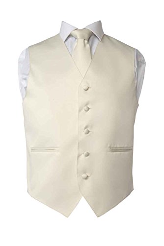 Men's Premium Solid Vest - NeckTie – Bow Tie - Pocket Square 4 Piece Set for Suits & Tuxedos (Ivory, XL)