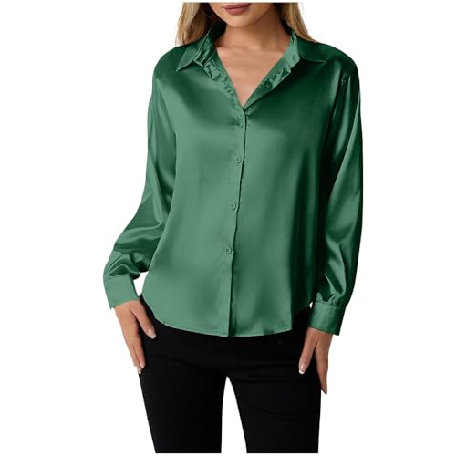 Women's Satin Button Down Shirts V-Neck Long Sleeve Tops Summer Business Office Blouses Casual Fashion Fall Shirt Green