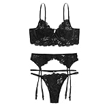 Lazzboy Lace Dessous Set Wireless BH Mit Strumpfband G-String Unterwäsche Für Frauen Strapse Reizwäsche Sexy Lingerie Spitze Und Slip Strapsgürtel(Schwarz,3XL)