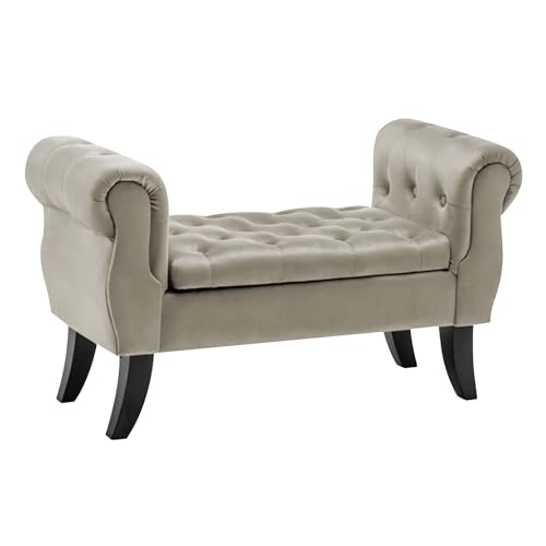 Divanetto in Velluto Panca Contenitore Pouf PortaOggetti Panca Sgabello A Pie di Letto Cassapanca Ingresso Legno Massello Panchina - Beige