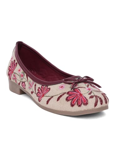 Image of TRYME Floral Embroidered Bow Ballerina Shoes for Women | Lightweight Slip-On Belly Flats | Soft Sole Comfortable Casual Footwear