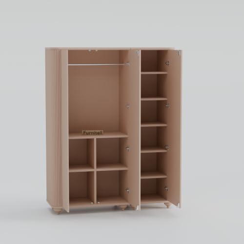 Image of 3 Door Wardrobe Almirah for Bedroom, 72 Inch | Premium HDHMR Wooden Cupboard with Hanging Rod & Storage Compartments | Fluted Push-to-Open Clothes Organizer Cabinet | Taupe Finish