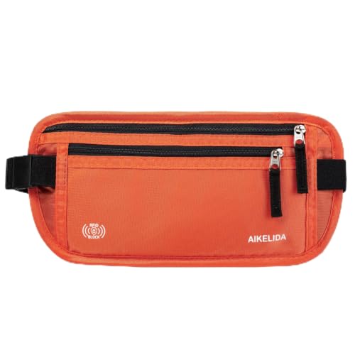 Image of RFID Blocking Money Belt - Passport Holder & Travel Wallet, Slim Hidden Fanny Packs for Women Men - Orange