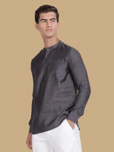 Image of KRYPTIC Men's Full Sleeve Regular Fit Short Kurta in Premium Pure Cotton with Patch Pocket and Mandarin Collar - Perfect Blend of Style and Comfort