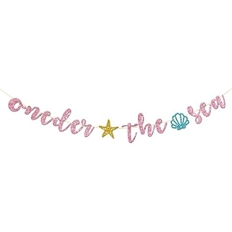 Talorine Oneder the Sea Banner, Mermaid Theme Birthday Banner, Girl 1st Birthday Ocean Party Decorations Supplies, Pink Glitter Cover