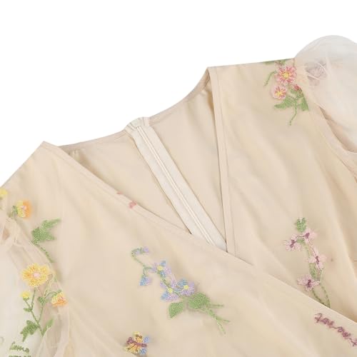 Iwemek Half Sleeve Floral Embroidered Dress For Women Flower Embroidery Tulle Prom Dress Wrap V Neck Sheer Mesh Puff Sleeve Cocktail Party Dress Formal Wedding Guest Flare A Line Tea Party Dress Champagne Xl thumb #3