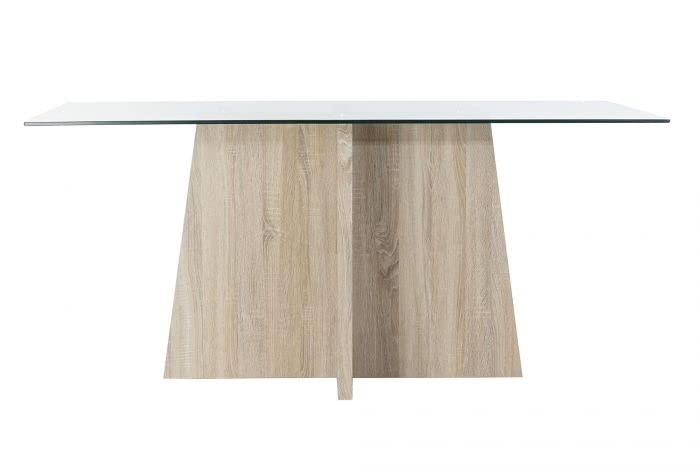 CHELM HOME Table à manger en verre trempé 160 x 90 x 75, salon ou cuisine, pieds en bois massif, pour 6 personnes, couleur beige
