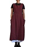 PEHMEA Women's Casual Cotton Linen Apron Long Gardening Working Pinafore Dress with Pockets (Wine...