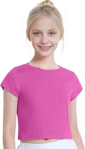 ArkXani Camiseta corta lisa de manga corta para niñas y niñas, elegante y ligera, casual, para gimnasia, baile, juego activo, moda diaria (edades de 5 a 12 años), rosa, 11-12 años
