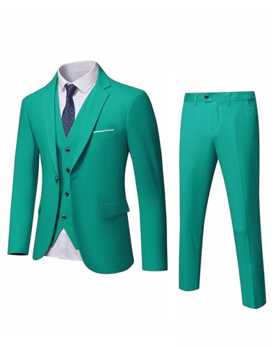 YND Ensemble 3 pièces pour homme, coupe ajustée, veste unie à un bouton, gilet et pantalon avec cravate, Vert, L