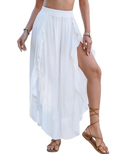 Bsubseach Swim Cover Up Pants for Women Ruffle High Slit Beach Pants Wide Leg Bathing Suit Coverup