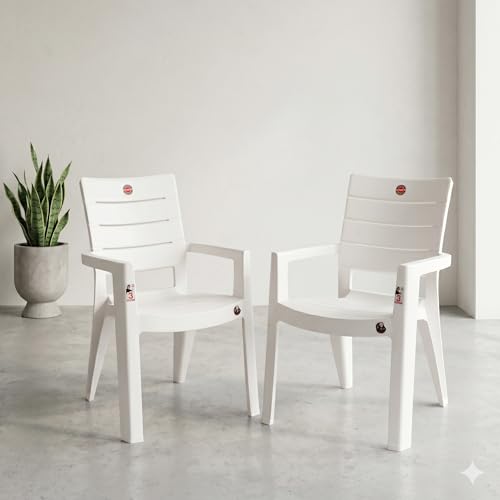 Image of Cello Jordan Polypropylene Plastic Arm Chair | Modern Multipurpose Seating for Home, Office, Garden & Balcony | Ergonomic Indoor & Outdoor Furniture (Color: White, Set of 2 piece)