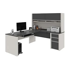 BESTAR Connexion L-Shaped Desk with Hutch and Pedestal, 72W, Slate/Sandstone