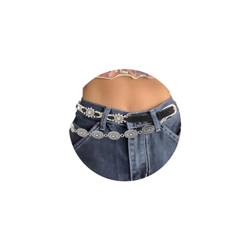 ELABEST Boho Leather Waist Belt Black Western Belt Layered Vintage Chain Belt for Women