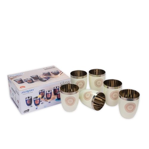 Image of JISCOVERY Stainless Steel Printed Glasses Set of 6 for Water, Milk, Lassi & Juice| Serving Glass Set| Designer Glass Tumblers| Capacity- 300 ML (Each) (Beige, Round)