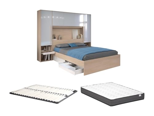Vente-unique-Bett mit Stauraum + Lattenrost + Matratze - 140 x 190 cm - Mit LED-Beleuchtung - Holzfarben & glänzend weiß - VELONA