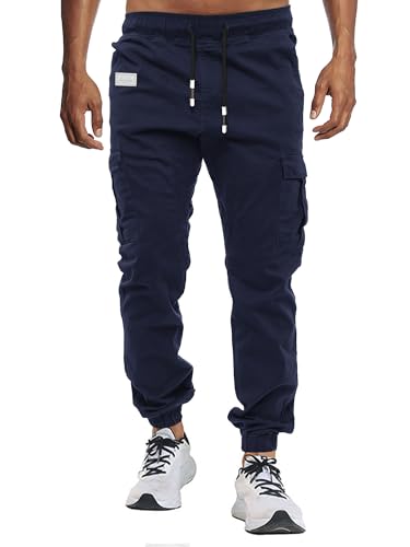 VMSUCIJ Pantalon Homme Cargo Chino Pantalon de Jogging Hommes Pantalon de Travail Homme Multi Poches Ceinture Élastique Casual de Loisirs,Bleu 02,L
