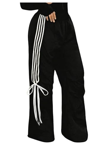 SOLY HUX Women's Striped Side Bow Knot Pants Elastic Waist Baggy Wide Leg Long Pants
