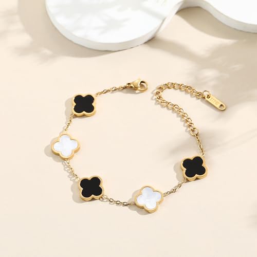 Image of AIPPK 18K Gold Plated Clover Lucky Bracelet for Women White /Black /Red /Green Flower Four Leaf Link Bracelets Trendy Jewelry Gifts for Women
