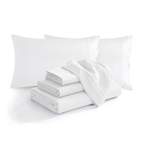 Elegant Comfort Luxurious Soft 1500 Premier 4-Piece Premium Hotel Quality Wrinkle and Fade Resistant Coziest Bedding Set, Easy All Around Elastic Fitted Sheet, Deep Pocket, Twin XL, White