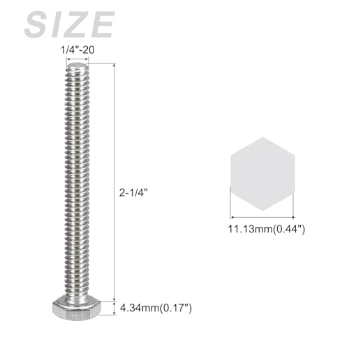 Image of METALLIXITY Hex Head Bolts (1 /4-20 x 2-1 /4 inch) 20Pcs, 304 Stainless Steel 18-8, Fully Threaded, External Hex Drive, Plain Finish, Hex Head Screw Bolt, Silver