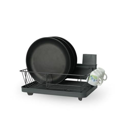 Image of SEVVY - Dish Drying Rack for Kitchen with Drain Board, Dish Holder, Cutlery Holder & Cup Holder - Black