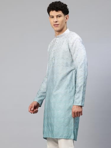 Image of Luxrio Men's Ombre Shaded Sequence Self Embroidered Textured Long Kurta Full Sleeves - Casual Ethnic Wear