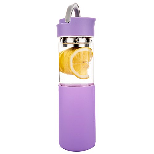 life4u Borosilikat Glas Tee und Obst Infused Wasser Flasche mit Silikon Sleeve & abnehmbarem Sieb, 480, lavendel