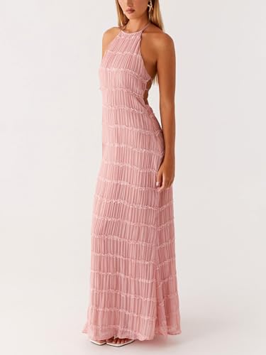 Image of Women Summer Halter Neck Maxi Dress Flowy Ruffle Tiered Sleeveless Sundress Boho Backless Spaghetti Strap Long Dress