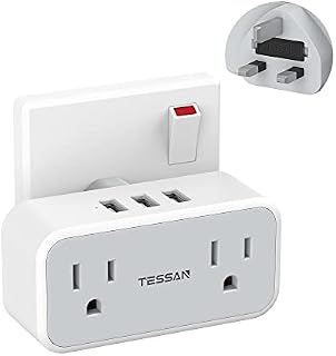 US to UK Plug Adapter, TESSAN American Plug Adapter USA to UK with 3 USB, USA to UK Plug Adaptor with 13A Fuse for America, Thailand, Canada, Japan, Mexico, Colombia (Type A and Type B)