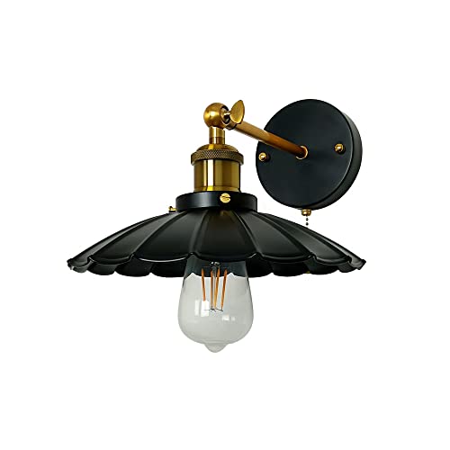 Image of Industrial Black Wall Sconce Light, Vintage 1-Light Switch Farmhouse Wall Lamp, Pull Chain Wall Sconce Lighting for Bedroom Bathroom Kitchen Hallway Living Room (Black + Gold)