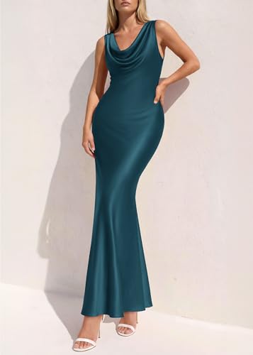 Image of KIRUNDO Womens Cowl Neck Sleeveless Bodycon Satin Maxi Dress | Formal Silk Long Dresses, Mermaid Hem, 2026 Summer Elegant Wedding Guest Cocktail Party Fall Outfits