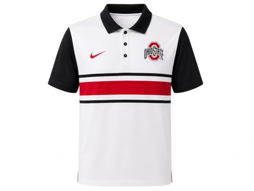 Nike Mens Ohio State Buckeyes Polo White and Black Short Sleeve Stretch Knit Two-Button Placket Standard Fit (Large)