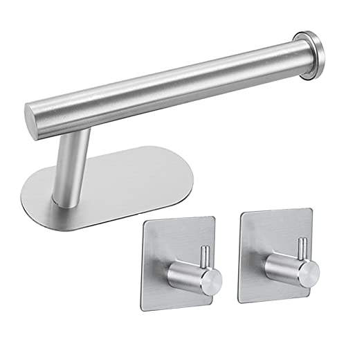 ROUMIO Portarrollos Papel higiénico Autoadhesivo, Porta Rollos de Papel higiénico y 2 Piezas de Ganchos Adhesivos, Muy Adecuado para Cocina, baño e Inodoro, Acero Inoxidable. (Plata)