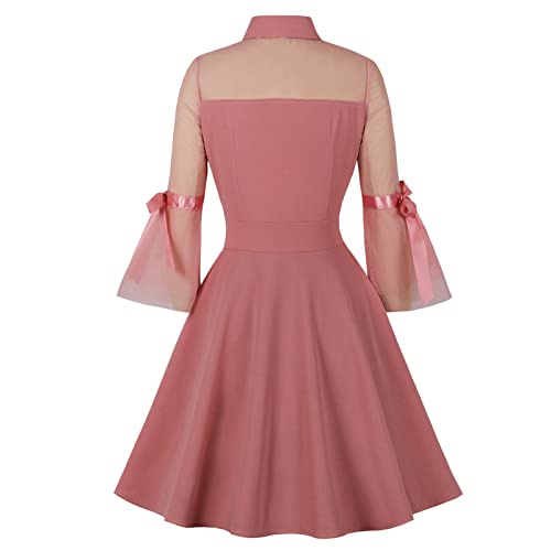 Women Gothic Retro Dress, Renaissance Medieval Summer Patchwork Long Sleeve Dresses, Bow Dot Tunic Dresses Pink #TOP3