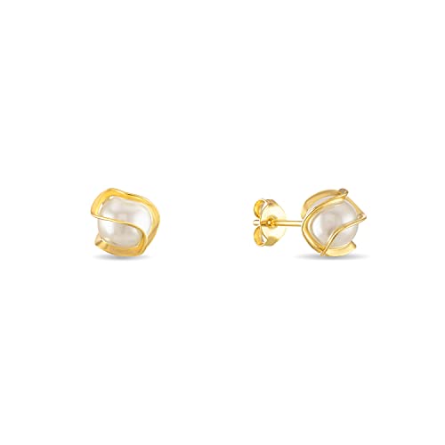 Barzel 18K Gold Plated Caged Pearl Stud Earrings, 6MM - Made In Brazil