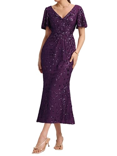 Ever-Pretty Women's Gorgeous V Neck Sequin Tulle Short Sleeves Bodycon Maxi Formal Evening Gowns 02370