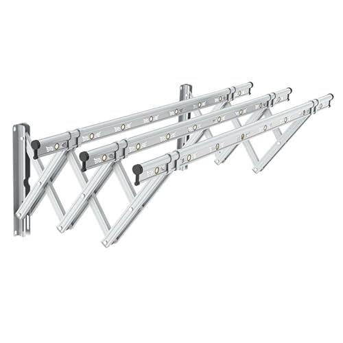 2M Wall-Mounted Retractable Clothes Drying Rack, Foldable 3-Pole Aluminum Alloy Laundry Airing Rail, Space-Saving, Windproof for Bedroom, Bathroom, or Outdoor Use - Grey,Silver,1.5M