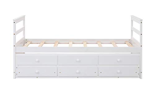 Twin Bed with Trundle and 3 Storage Drawers, Captain Bed Frame with Headboard and Footboard, Wood Daybed Bed with Pull Out Bed for Kids Teens and Adults, Wood Slat Support No Box Spring Needed, White